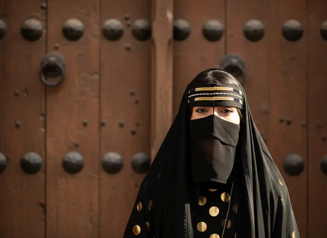 امرأة سعودية بالنقاب والعباءة التقليدية أمام باب أثري