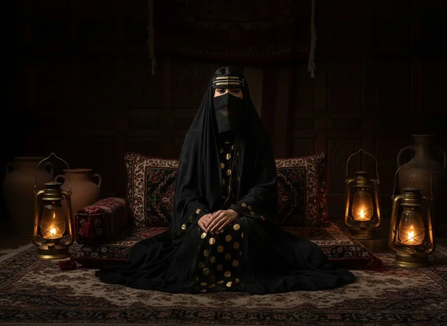 Saudi Woman in Traditional Najdi Dress with Lanterns