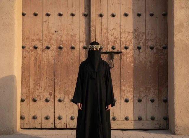 امرأة إماراتية بالعباءة أمام باب خشبي تراثي