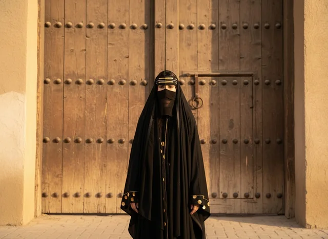 امرأة سعودية بالزي التقليدي أمام باب تراثي