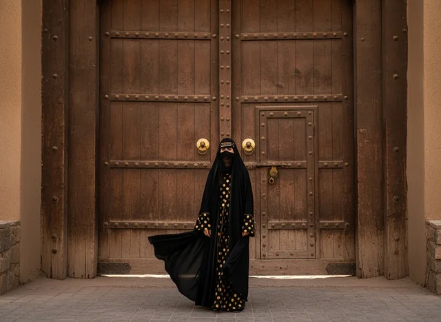 امرأة سعودية بالزي التقليدي أمام بوابة تاريخية