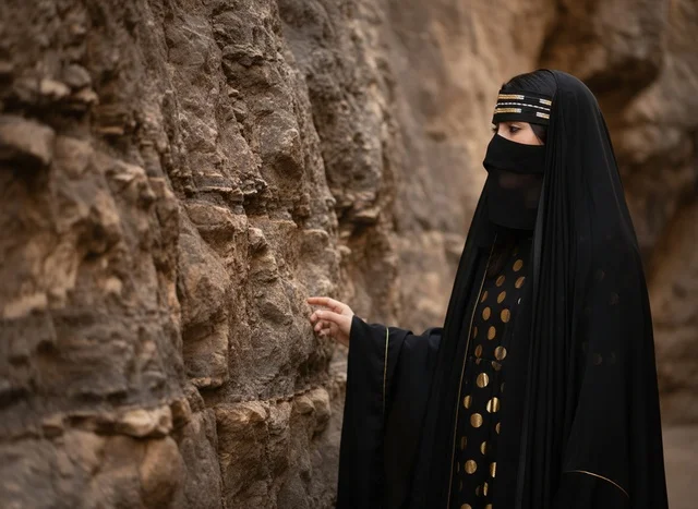 امرأة سعودية بالعباءة والنقاب التقليدي بجانب جبل صخري