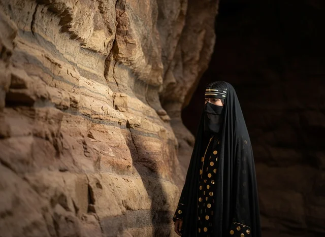 امرأة سعودية بالزي التقليدي في كهف صحراوي بالعلا