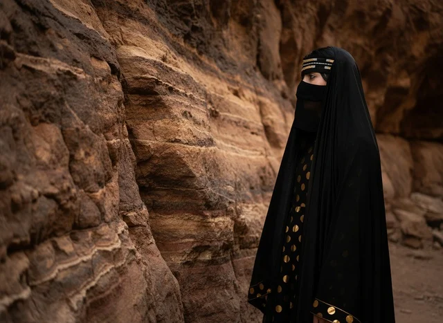 امرأة سعودية بالنقاب التقليدي وسط التكوينات الصخرية