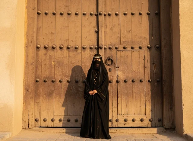 Saudi Woman in Abaya Standing by Historical Wooden Door
