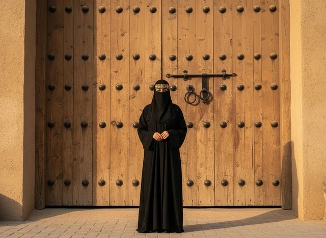 امرأة إماراتية بالبرقع التقليدي أمام بوابة تراثية