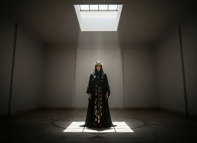 Emirati Woman in Traditional Abaya Under Skylight