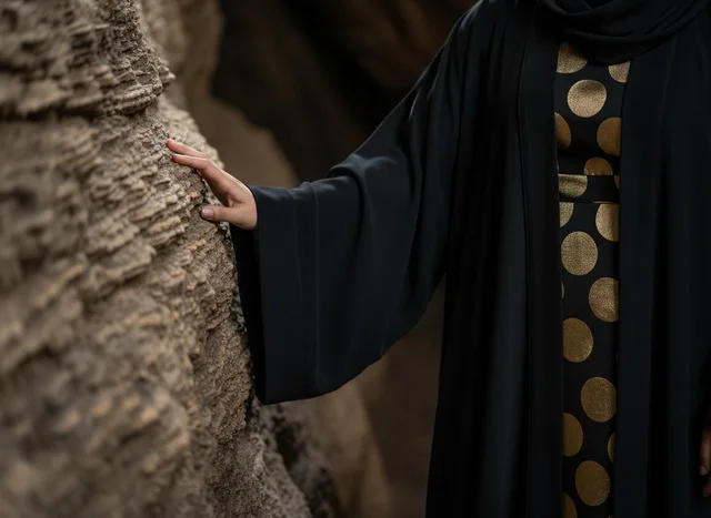 امرأة عربية بالعباءة السوداء تلمس جداراً صخرياً