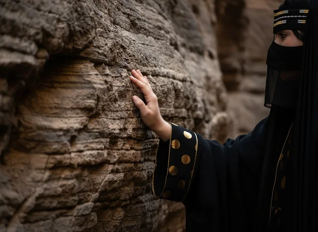 Saudi Woman in Niqab Touching Rock Wall