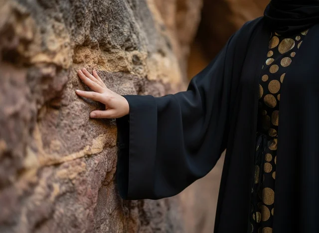 امرأة سعودية بالعباءة تلمس جدار صخري جبلي