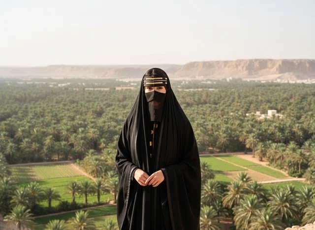 Saudi Woman in Traditional Abaya with Desert Palm Oasis