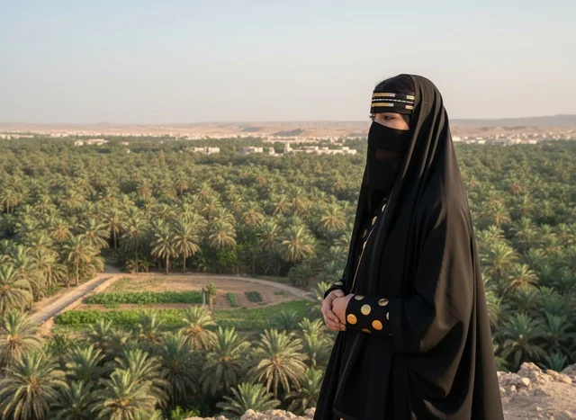 Saudi Woman in Traditional Abaya Overlooking Palm Oasis