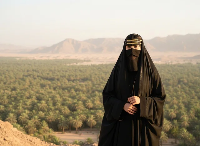 امرأة سعودية بالزي التقليدي تطل على واحة نخيل