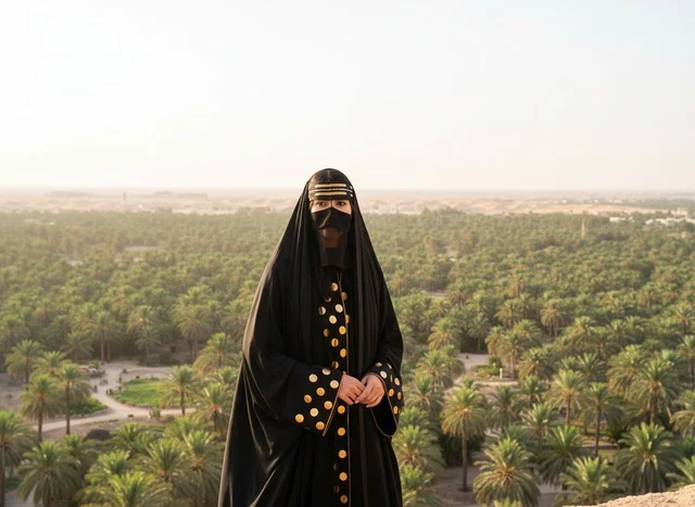 امرأة سعودية بالعباءة التقليدية في واحة النخيل