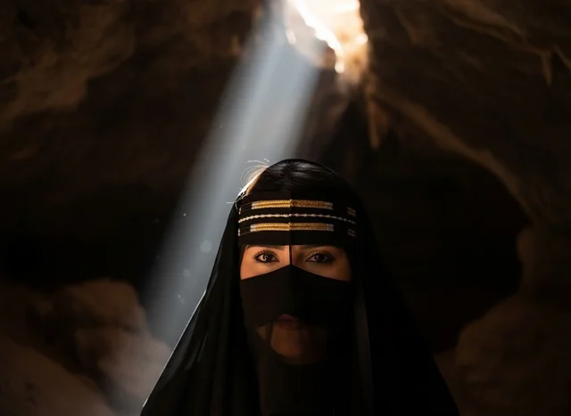امرأة سعودية بالنقاب داخل كهف مع شعاع ضوء