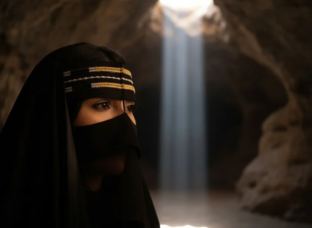 Saudi Woman in Traditional Dress Inside a Rock Cave