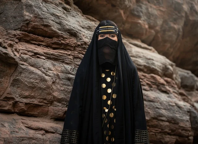 امرأة سعودية باللباس البدوي التقليدي في الصحراء والجبال