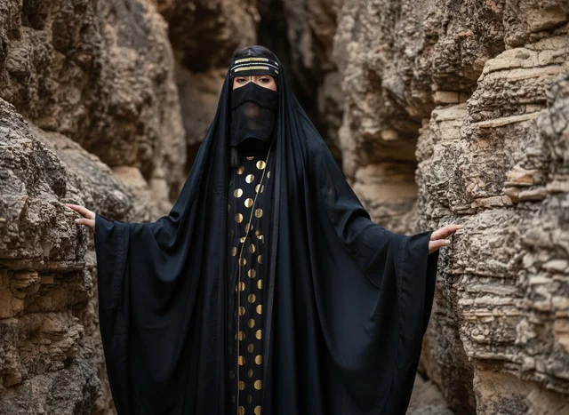 امرأة سعودية بالزي التقليدي في ممر صخري امرأة سعودية بالزي التقليدي في ممر صخري