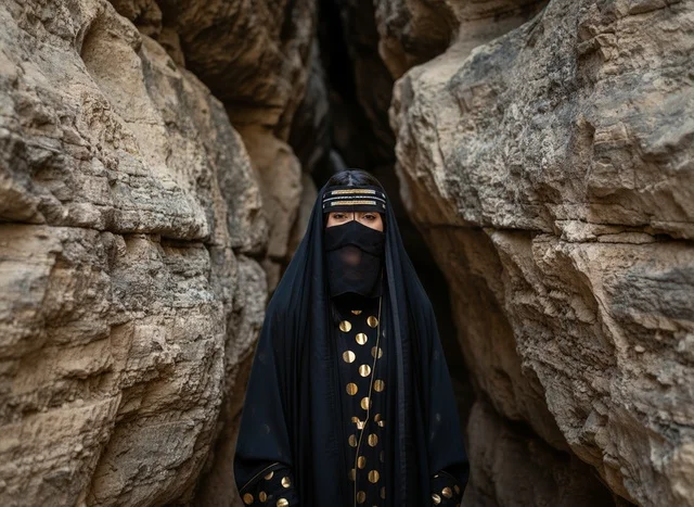 امرأة سعودية بالنقاب في وادي صخري