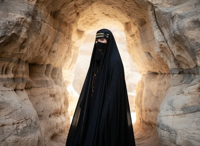 Saudi Woman in Traditional Abaya in Desert Cave