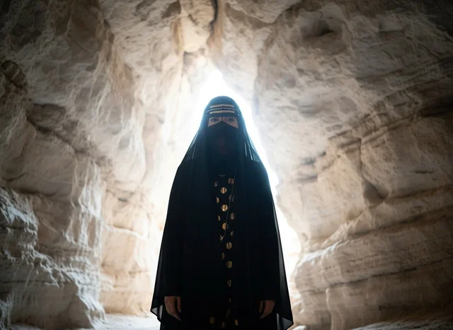 Saudi Woman in Traditional Dress at Al-Qarah Cave