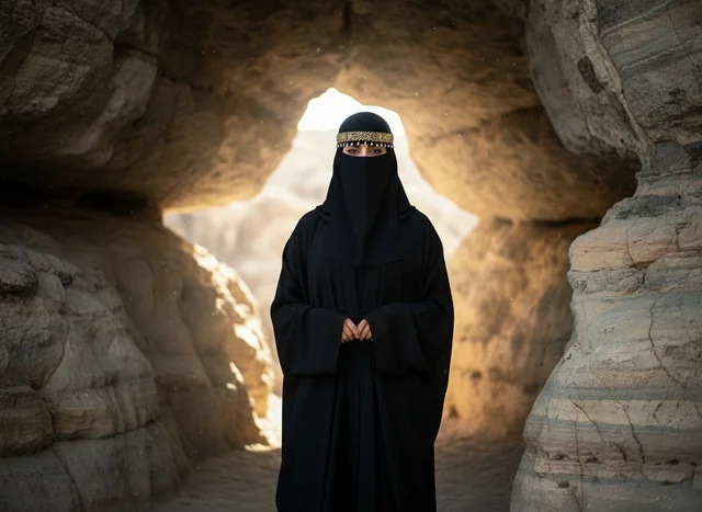 Saudi Woman in Black Abaya and Niqab in Rock Cave