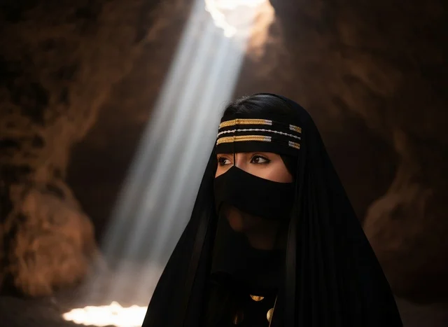 Emirati Woman in Traditional Burqa Inside Cave with Light Beam