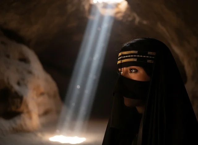 امرأة سعودية بالنقاب التقليدي داخل كهف صخري