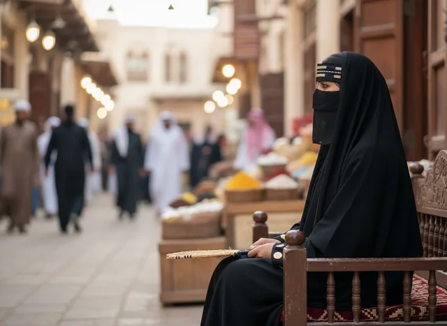 امرأة إماراتية بالبرقع التقليدي في سوق تراثي