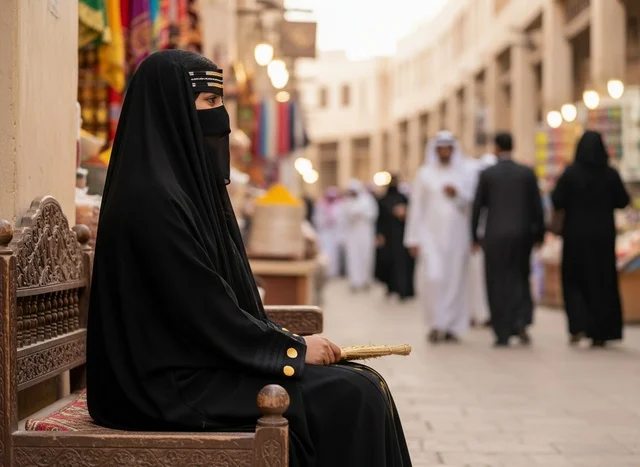 Emirati Woman in Abaya and Battoulah at Traditional Souq
