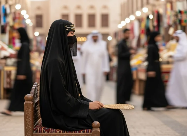 Qatari Woman in Heritage Market Wearing Battoulah