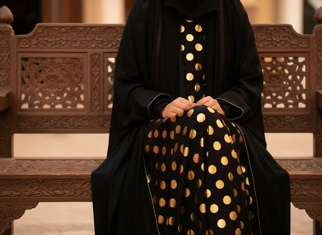 امرأة إماراتية بالعباءة على مقعد خشبي تقليدي