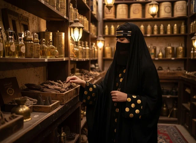 Saudi Woman in Niqab Examining Agarwood in Perfume Shop Saudi Woman in Niqab Examining Agarwood in Perfume Shop