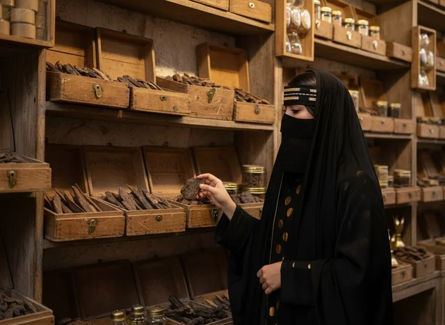 امرأة سعودية بالنقاب تتفحص خشب العود في متجر