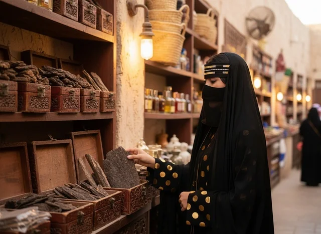 Emirati Woman in Niqab Browsing Agarwood in Old Souq