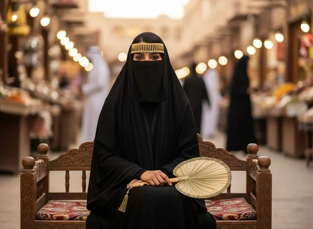 Emirati Woman in Traditional Abaya and Golden Burqa