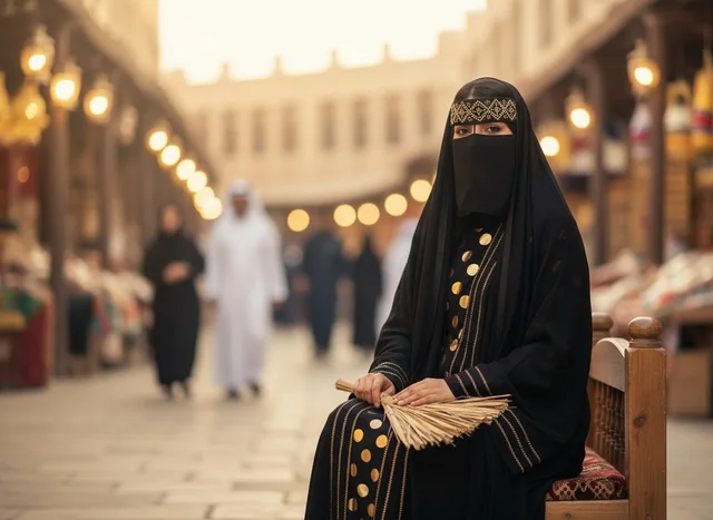 Qatari Woman in Traditional Abaya and Batoola at Souq