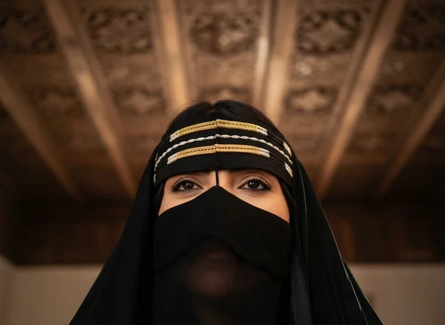 امرأة سعودية بالنقاب التقليدي في مبنى تراثي