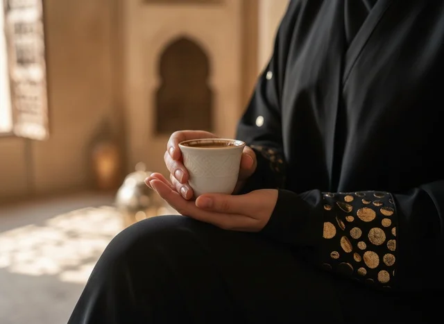 امرأة سعودية بالعباية التقليدية تشرب القهوة العربية