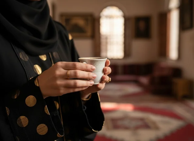 Emirati Woman Holding Traditional Coffee Cup