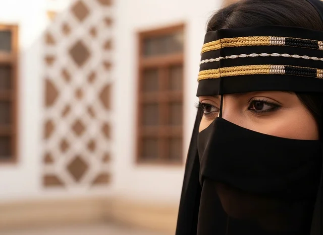 امرأة سعودية بالنقاب التقليدي وعصابة رأس ذهبية