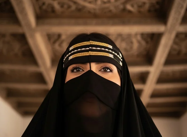 Emirati Woman in Traditional Niqab Looking Up