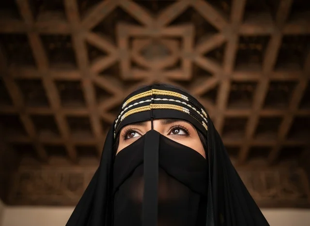 Saudi Woman Wearing Traditional Niqab Looking Up