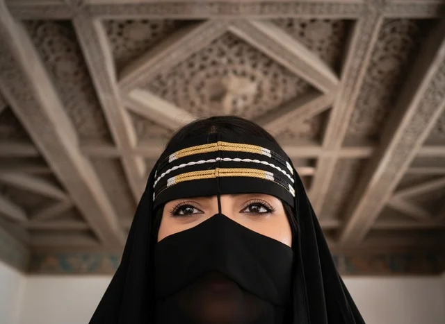 امرأة سعودية ترتدي النقاب التقليدي وعصابة رأس مطرزة