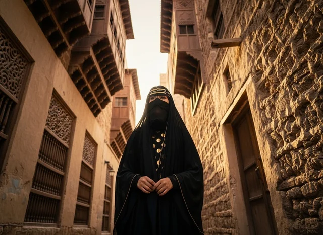 امرأة سعودية باللباس التقليدي في جدة التاريخية حي البلد