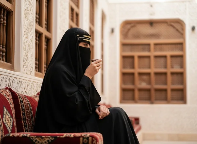 امرأة إماراتية بالبرقع التقليدي تشرب القهوة العربية
