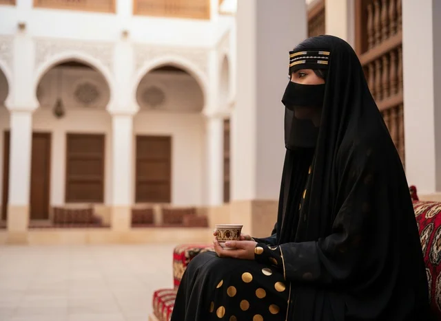 امرأة إماراتية بالزي التقليدي تشرب القهوة العربية