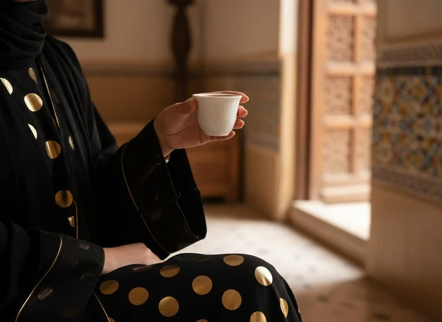 امرأة سعودية تمسك فنجان قهوة عربية تقليدي