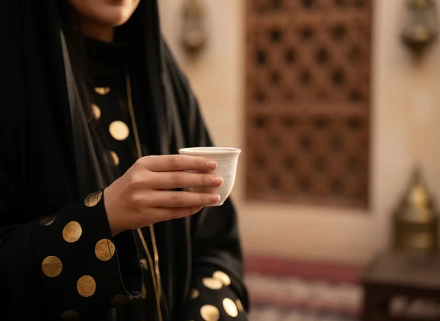 امرأة سعودية بالعباءة تحمل فنجان قهوة عربية تقليدي