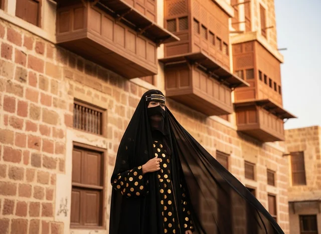 Saudi Woman in Historic Al-Balad Jeddah with Rawashin